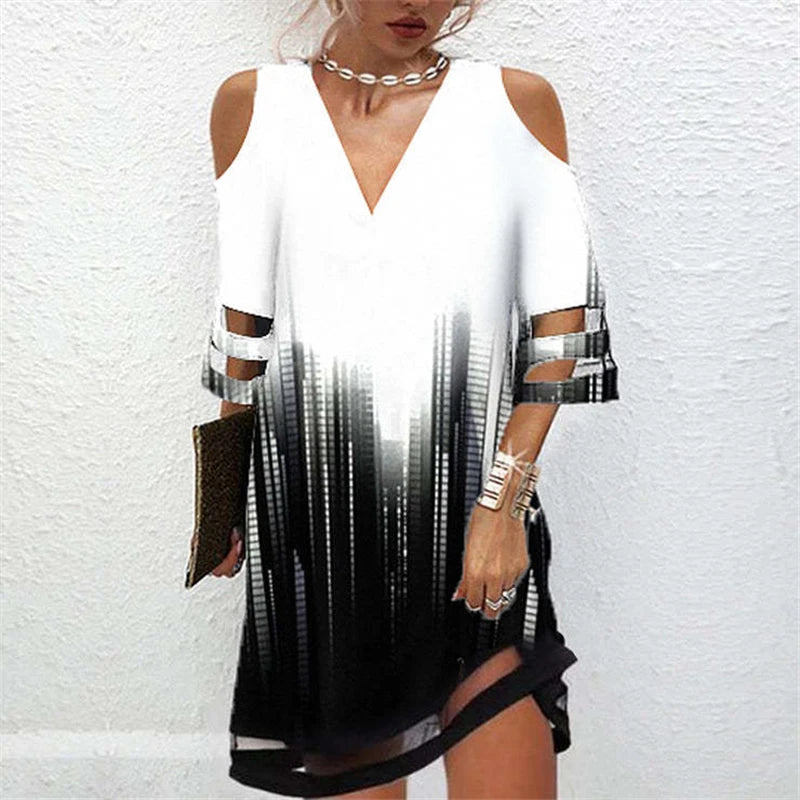 Women Sexy Off Shoulder Mesh Patchwork Elegant Party Dresses Summer Fashion Printed V Neck Half Sleeve Loose Midi Dress Vestidos