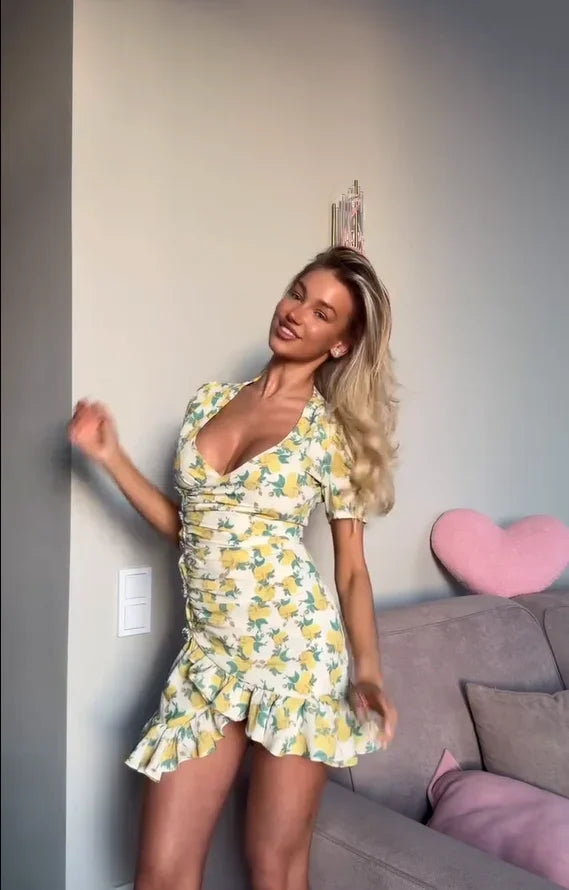 Elegant Print Low-cut Ruffle Short Dress Women V-neck Short-sleeved Waist Cinching Pleated Mini Dresses 2026 Lady Party Vestidos