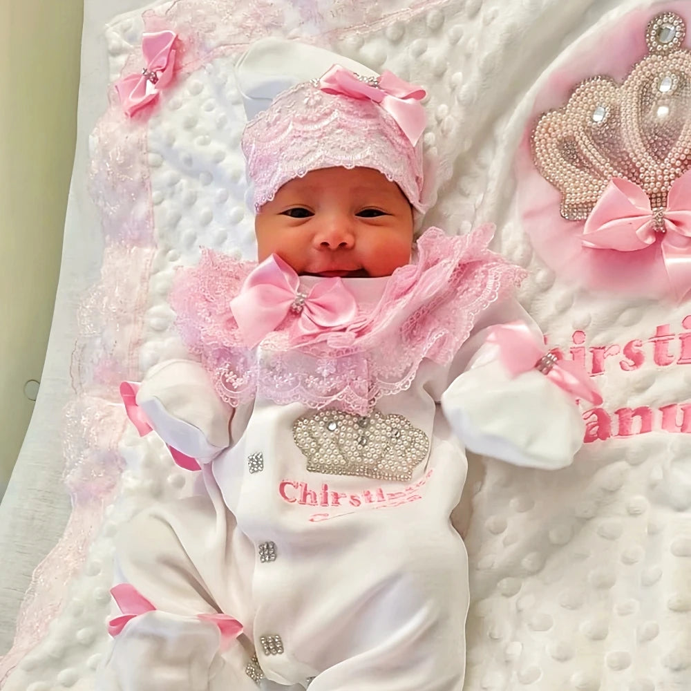 Dollbling Newborn 5pcs Layette Outfits Set Baby Tuxedo Outfit 0-3M Handmade Embroidery Wheat Jewels Crown Parajams Gift Set