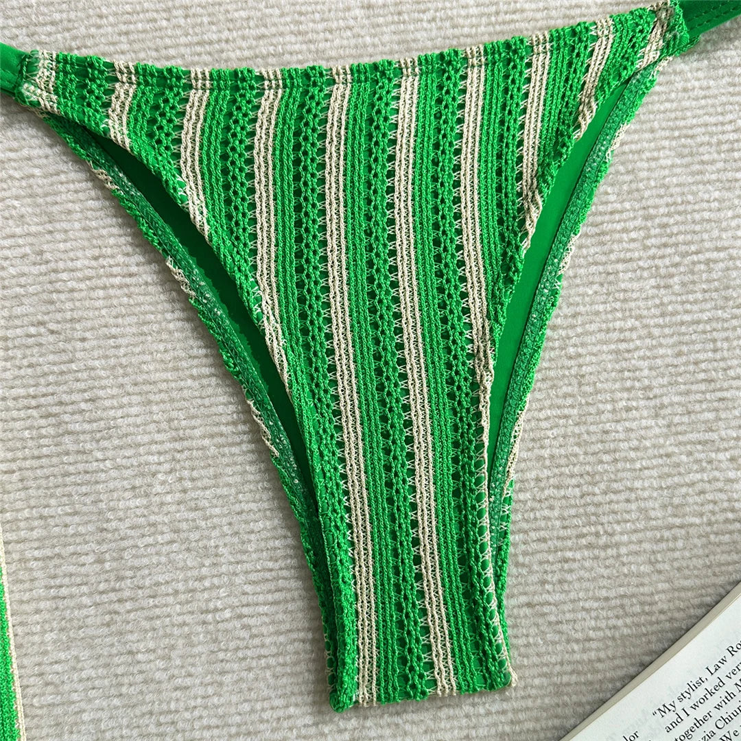 With Pants Striped Halter Bikini Female Swimsuit Women Swimwear Three-Pieces Bikini Set Brazilian Bather Bathing Suit Swim V7838