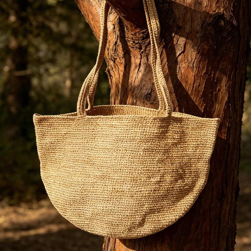 Summer Handmade Raffia Woven Bag, Women's Simple Fashion Shoulder Tote, Beach Vacation Straw Purse,Casual Lightweight for Travel