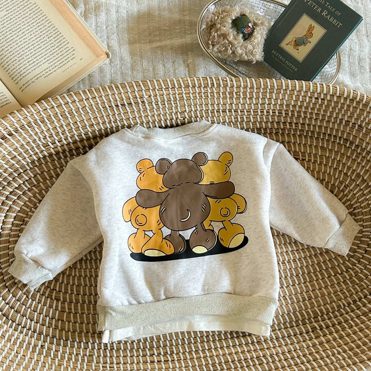 Winter Infan Baby Outfits Boy Girl Sets Velvet Cartoon Little Bear Print Cotton Long Sleeve Tops+Pants Baby  Children Clothing