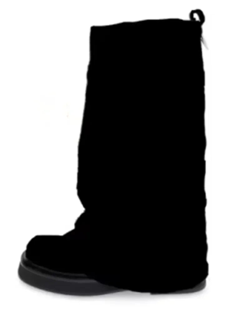 Women's New Autumn and Winter Calf Boots with Pleated Thick High Heels and Fashionable Oversized Street Leather Mid Leg Boots