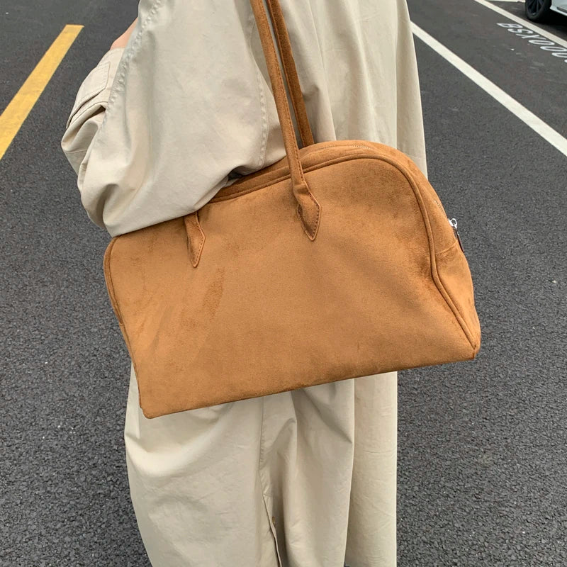 Vintage Women Business Shoulder Bags Simple Ladies Commute Tote Bag Suede Leather Female Underarm Bag Burgundy Large Handbags