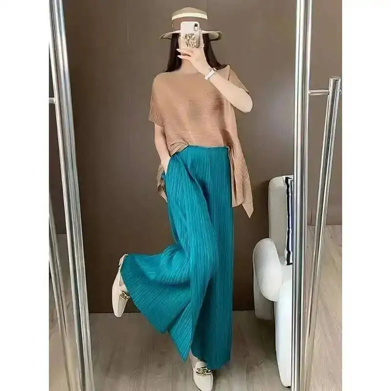 LANMREM patchwork design women's Pleated trousers elastic High Waisted Draped Straight Wide Leg Pants 2025 chic new 2DB3871