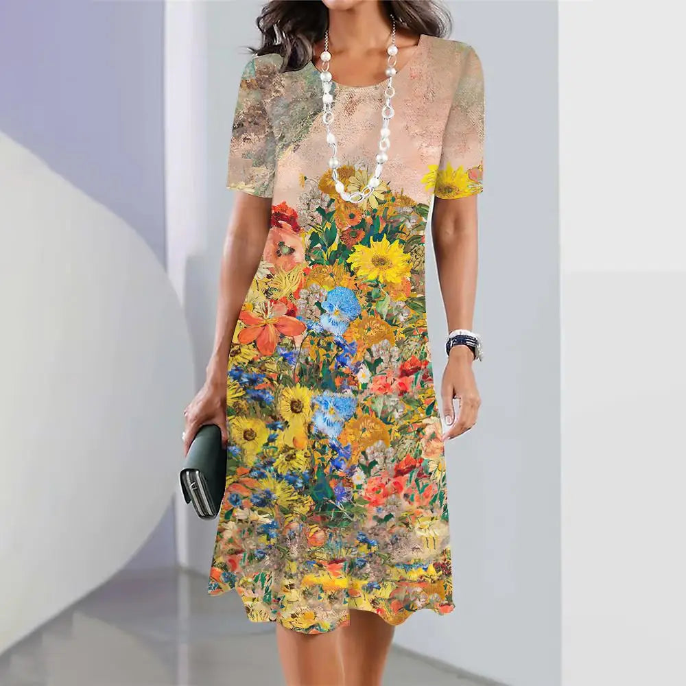 2024 New Spring Women's Dresses Floral Printed Elegant Casual Short Sleeve Dresses Fashion Oversized Women's Dresses