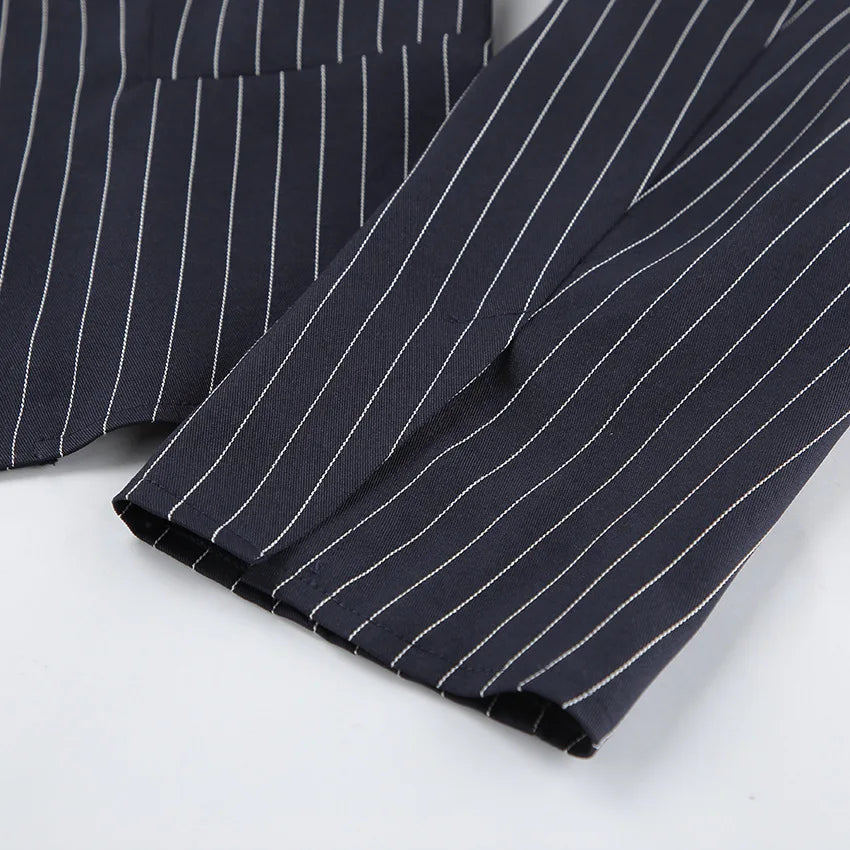 Women's Matching Sets 2026 Woman Navy Blue Striped V-neck Waist Small Suit Top Short A-shaped Skirt Women's Two-piece Set
