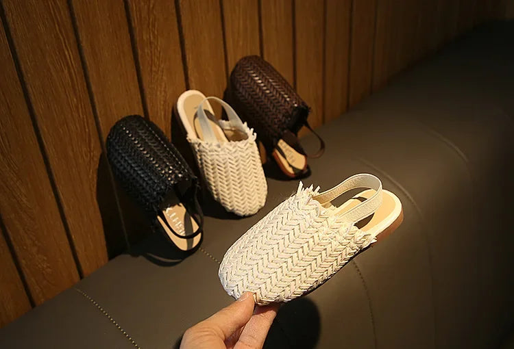 Girls Summer Shoes Weave Knitted Design Children Flat Shoes Kids Summer Sandals Princess Sweet Soft Fashion 2 in 1 Slippers Cute