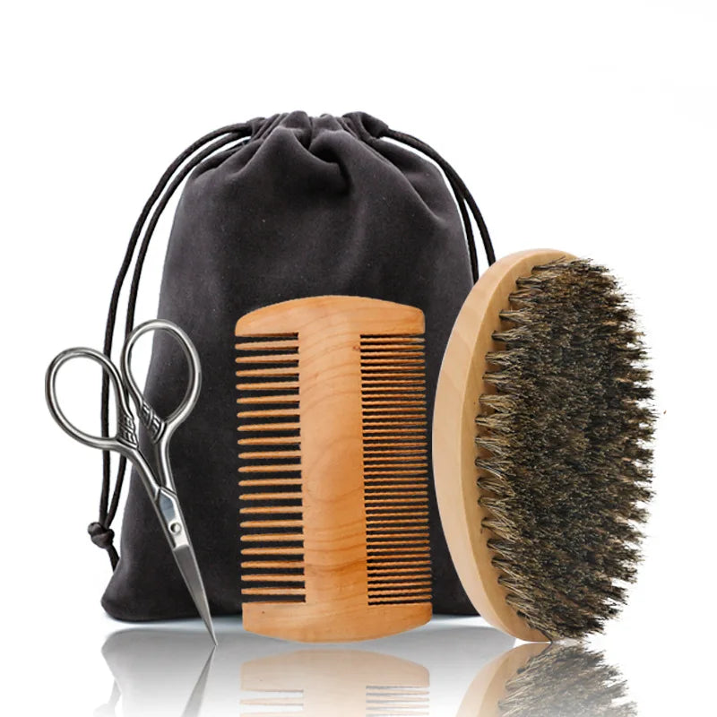 Men's Shaving Brush Set Boar Bristle Portable Barber Natural Beard Brush Comb Scissors for Facial Cleaning Styling Tool