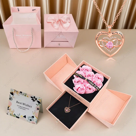 Zircon Heart Necklace Pendant With Rose Bow Box 2025 New Jewelry Set For Girlfriend Christmas Valentine Day Anniversary Gift