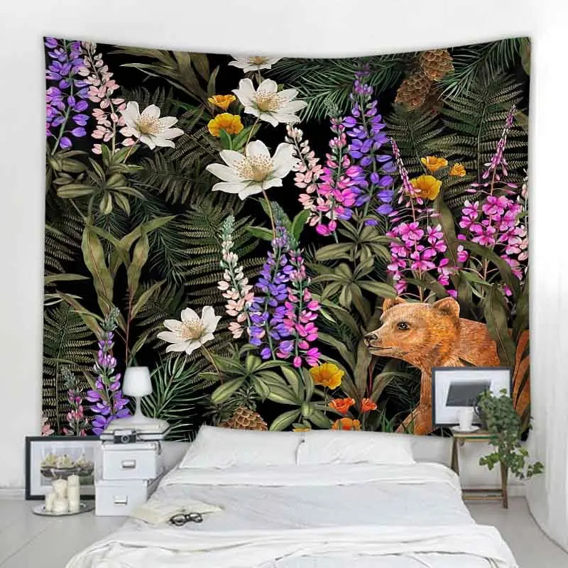 Psychedelic Animals Tapestry Wall Hanging Retro Tropical Plants Background Cloth Boho Hippie Kawaii Home Decor Yoga Mat Sheets