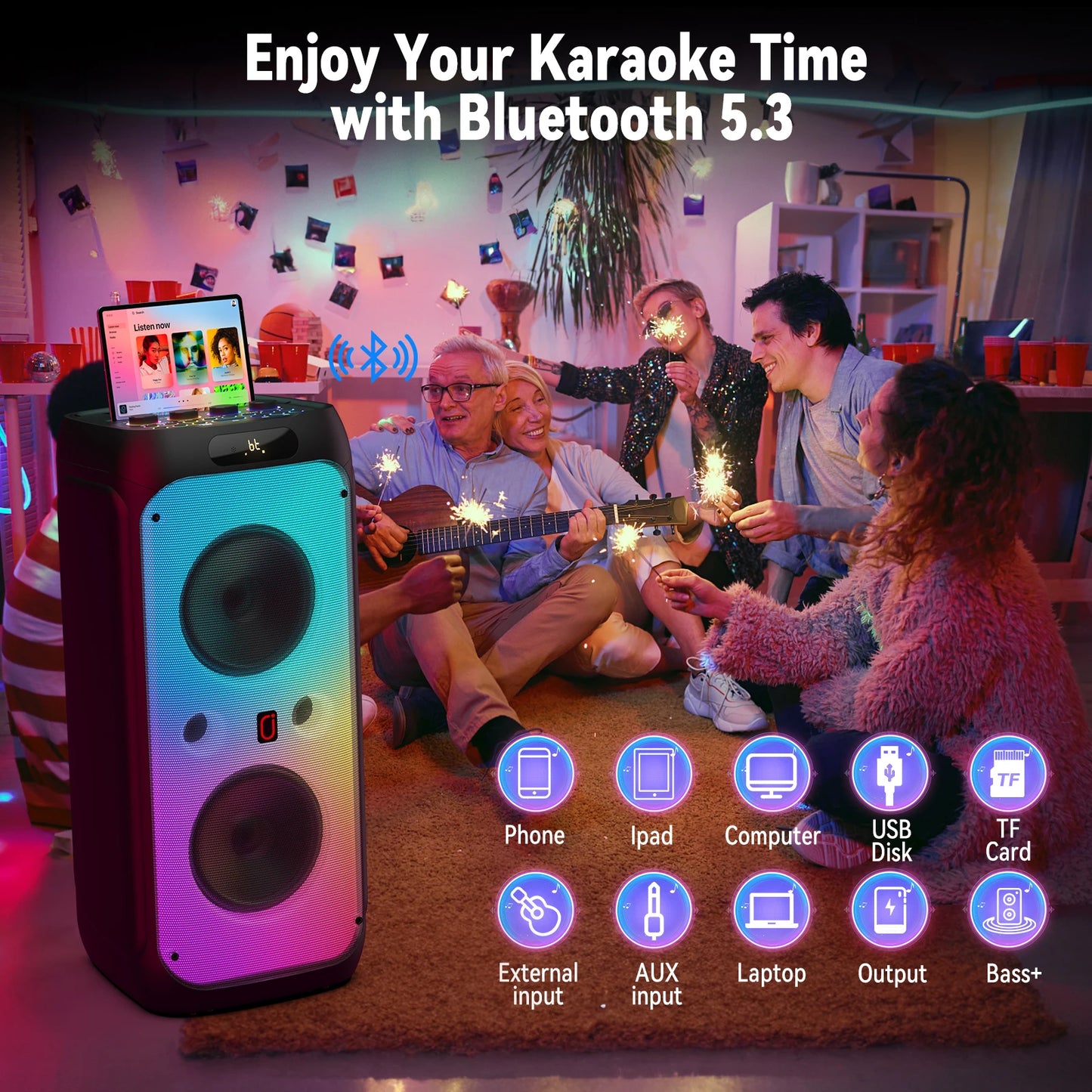 Karaoke Machine for Adults, Big Party Speaker with 500W Peak Power, Wireless PA System with Dual 8" Subwoofers, Disco Lights