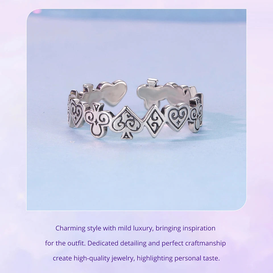 WOSTU Vintage 925 Sterling Silver Poker Card Open Ring For Women, Antique  Adjustable Stacking Party Rings Fine Gift