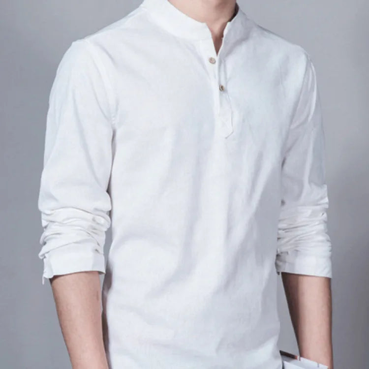 Men’s Solid-color Cotton Linen Shirt Long Sleeve Plus Size Casual