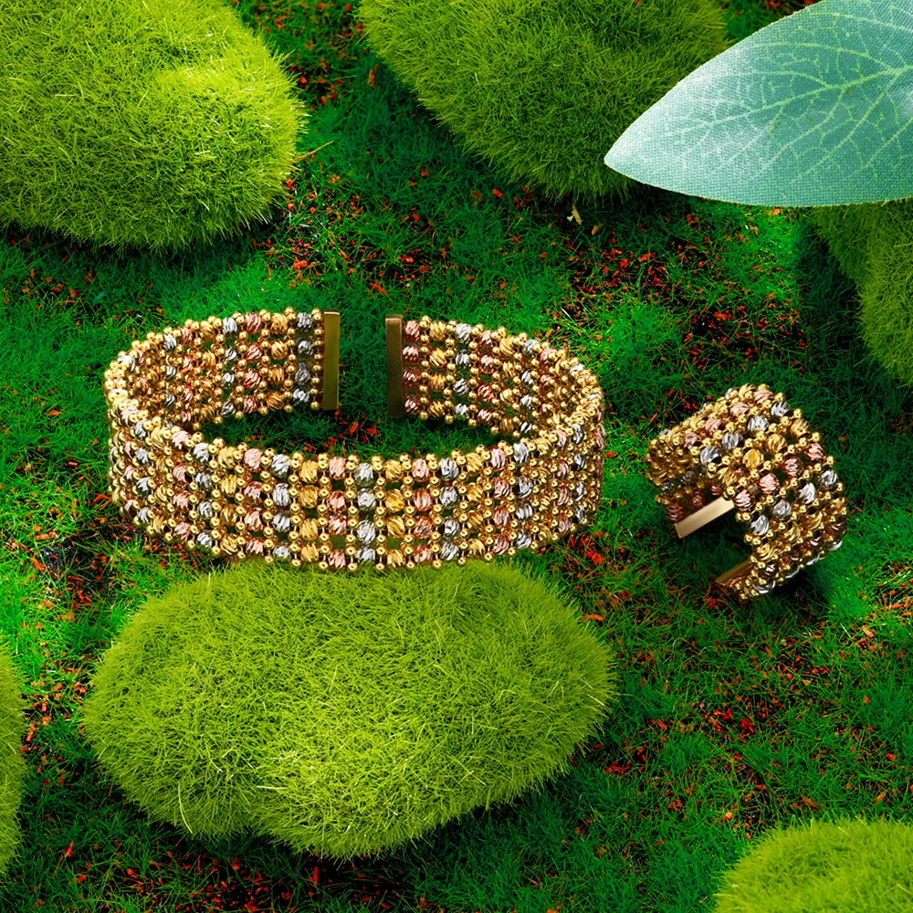 Luxury Cuff Bangles and Ring Set Gold Color Beads Arabic Dubai Wedding Bridal Jewelry Set Women Party 2 pcs Hand Jewelry