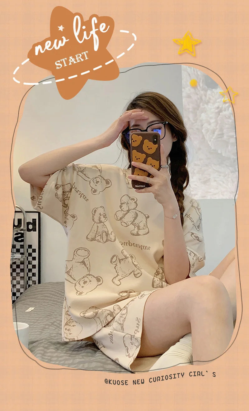 New Women's Pajamas Two-Piece Summer Thin Section Of Short-Sleeved Shorts Cute And Comfortable Milky Outwear Homewear Suit