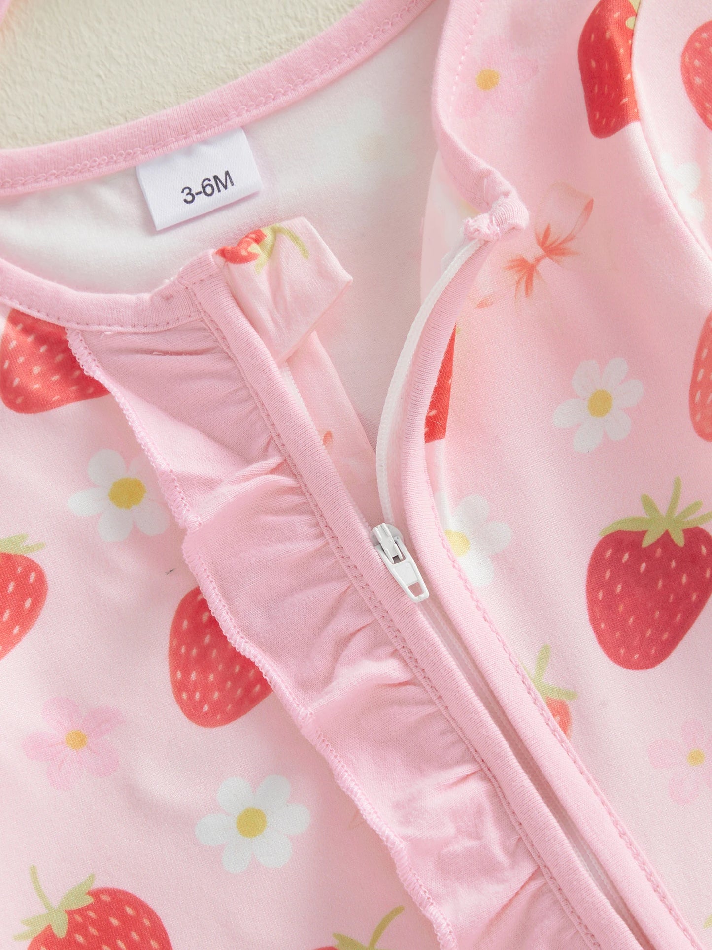 Newborn Baby Girl Footed Romper Strawberry Bow Print Long Sleeve Zip Up Round Neck Ruffled Jumpsuit with Headband