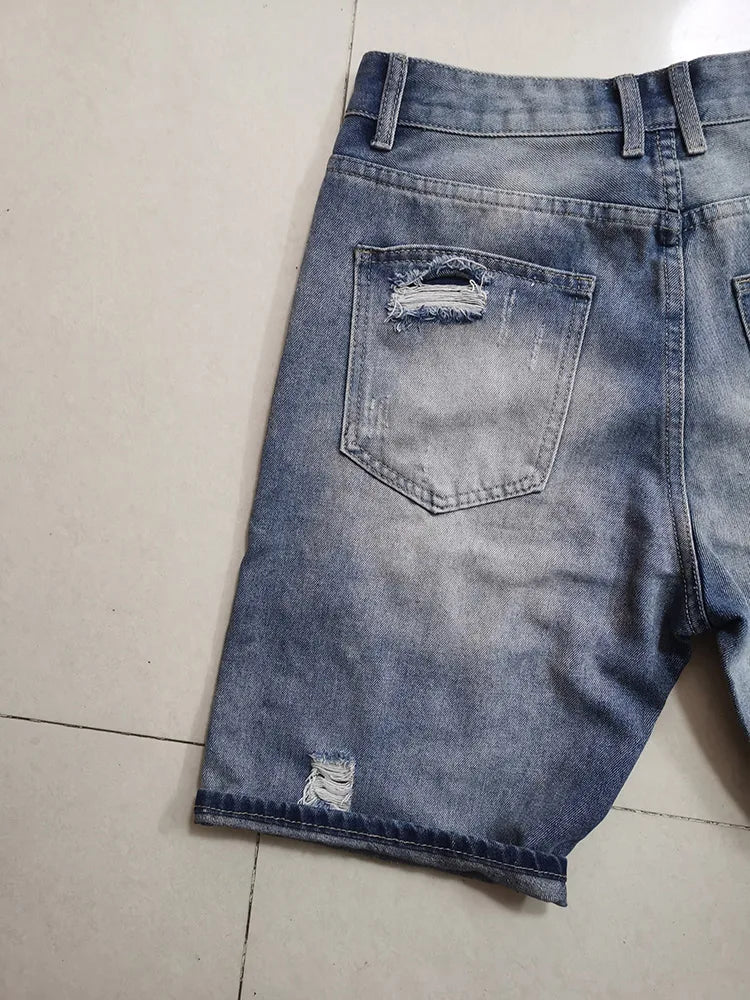 New Korean Style Clothes Luxury Washed Distressed Boyfriend Men's Casual Summer Denim Jeans Distressed Holes Prints Shorts Male