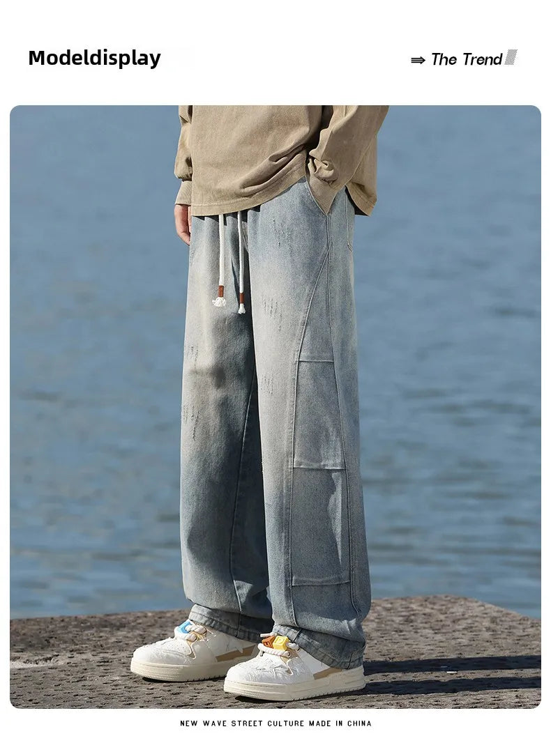 Jeans men's American high street vintage washed crease splicing men's spring and fall models loose straight pants