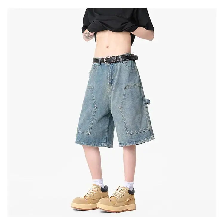 IEFB Workwear Men's Denim Shorts Multi Pocket Wide Leg Baggy Fit Casual Summer Streetwear Casual Cargo Jeans 9X2957