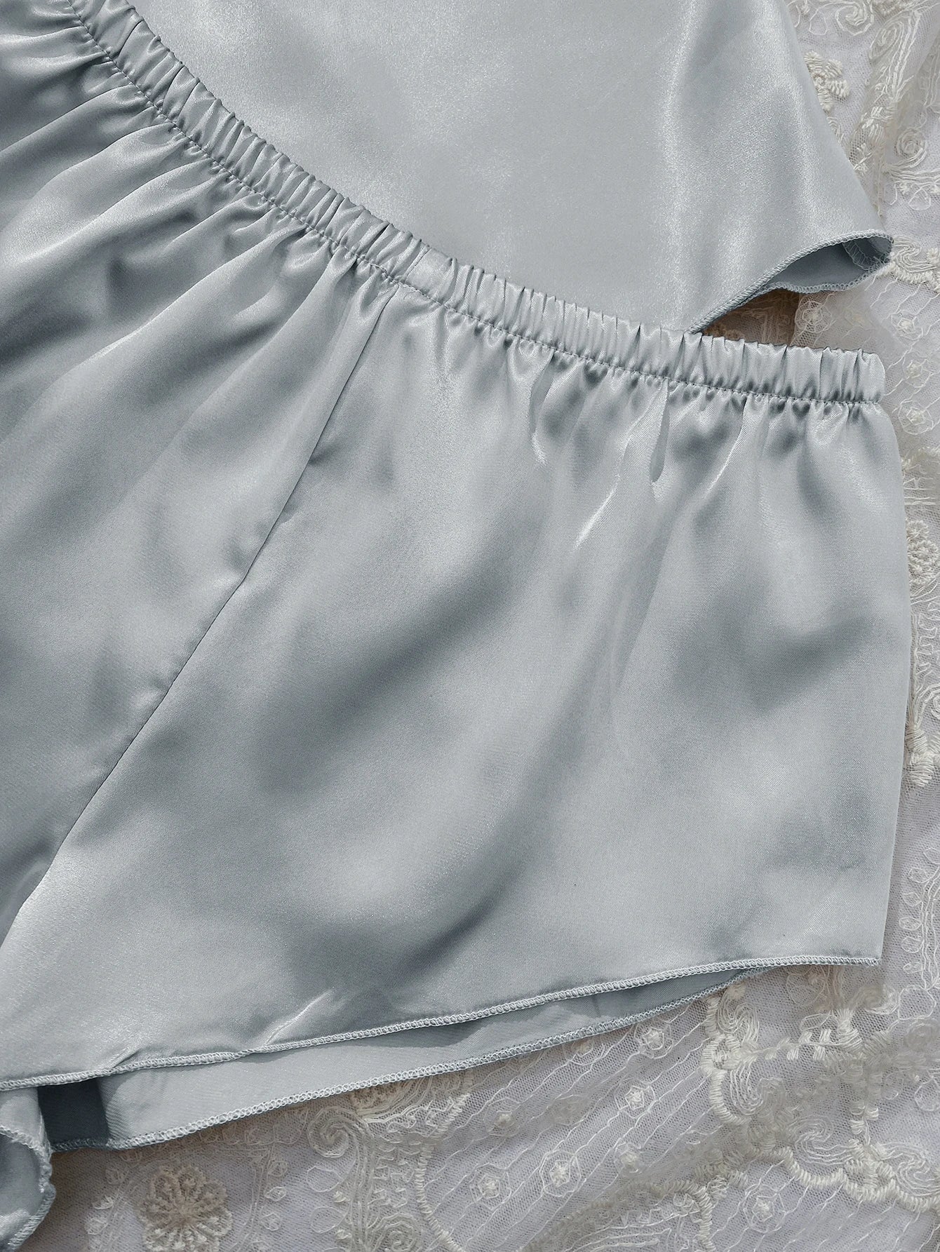 Solid Satin Pajama Set  V Neck Cami Top   Elastic Waistband Shorts Women's Sleepwear  Loungewear