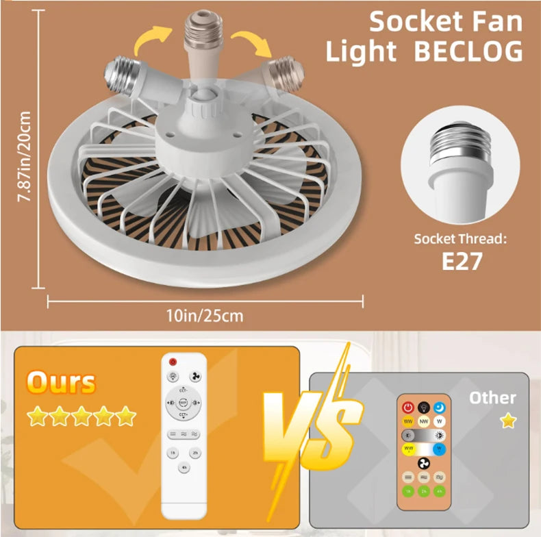 Rotatable 3in1 Ceiling Fan Light E27 LED Converter Base Smart Remote Control Bedroom Fans Lamp Study Kitchen Home Decoration