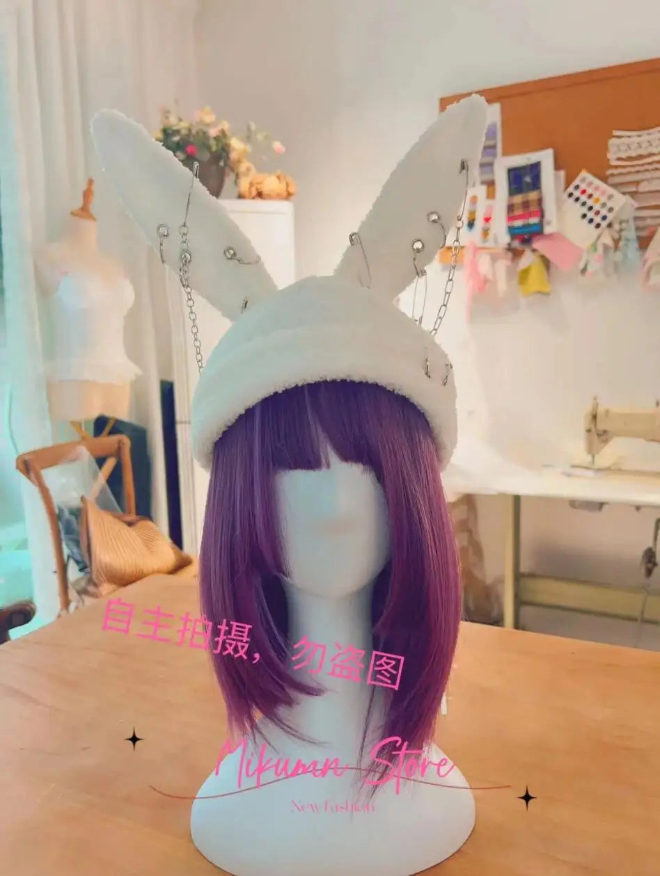 Gothic Grunge Rabbit Ear Hat Harajuku Y2k Punk Chain Pin Metal Ring Lambswool Black Hat Women Girls Winter Warm Chic Streetwear