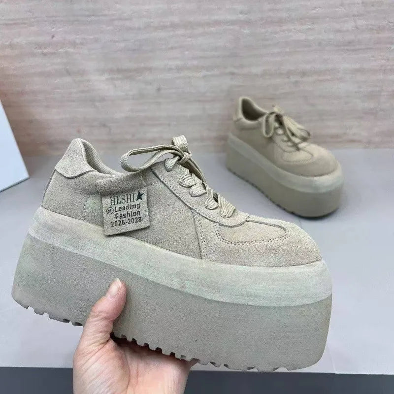 Spliced Platform Sneakers Spring New Round Toe Lace-Up Non-Slip Heightened Low-Top Single