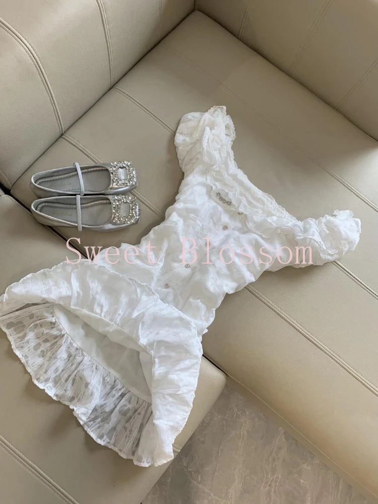 White Sweet Slim Lace Fairy Dress Women French Elegant Sexy Style Summer Dresses New Design Fashion Single-breasted Clothes 2025