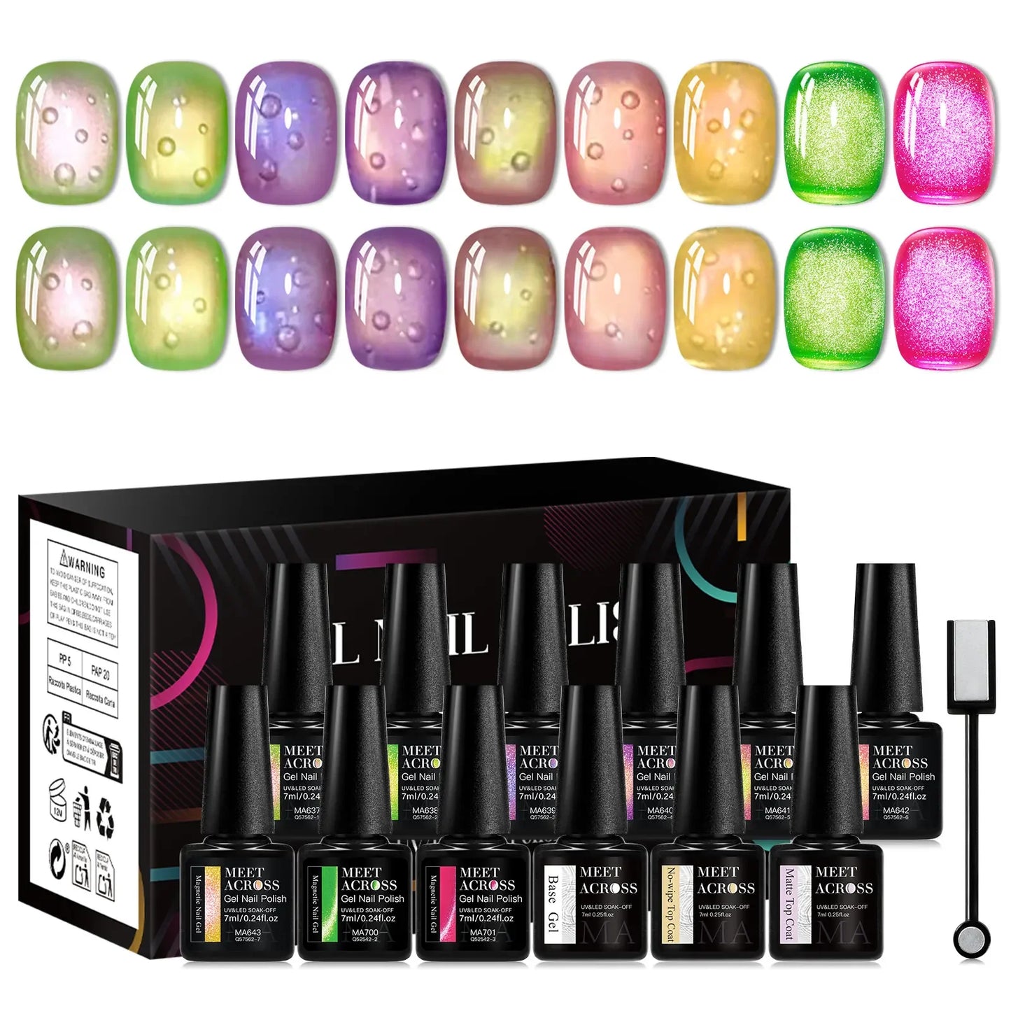 12Pcs/Set Fluorescent Cat Magnetic Nail Gel Polish Guava Green Neon Color With Magnetic Stick Semi-Permanent UV Gel Nail Art Kit