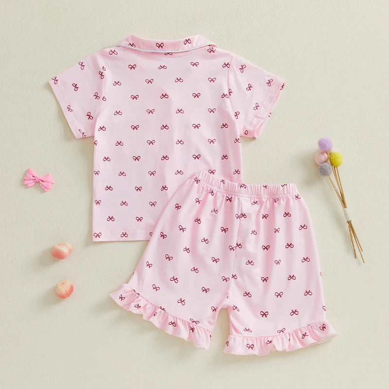 Summer Toddler Girls Loungewear Set Bow Print Short Sleeve Shirts Tops Elastic Waist Shorts Suit Infant Sleepwear Kids Pajamas