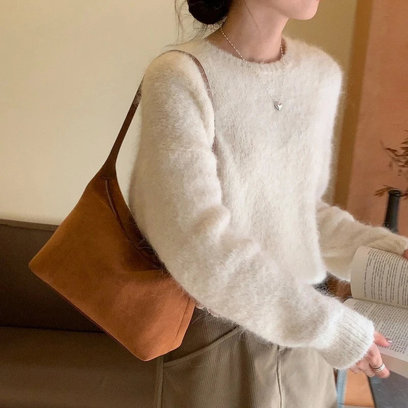 Women Handbag Vintage Tote Bag Simple Casual Commuter Bag Large Capacity Faux Suede Handbag