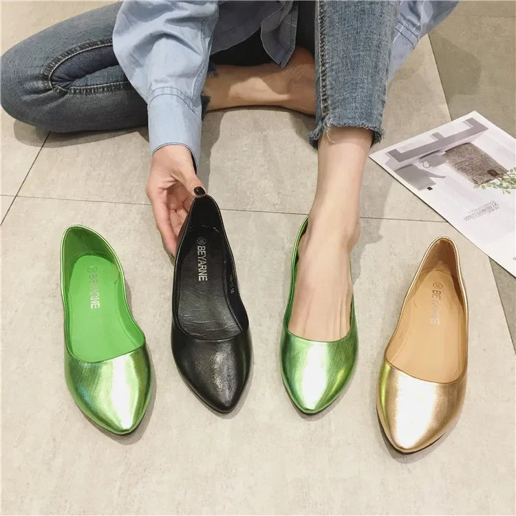 Women's Shoes Bright Surface Soft Leather Comfortable Flat Shoes Pointed Solid Color Shallow Mouth Single Shoe Zapatos Mujer