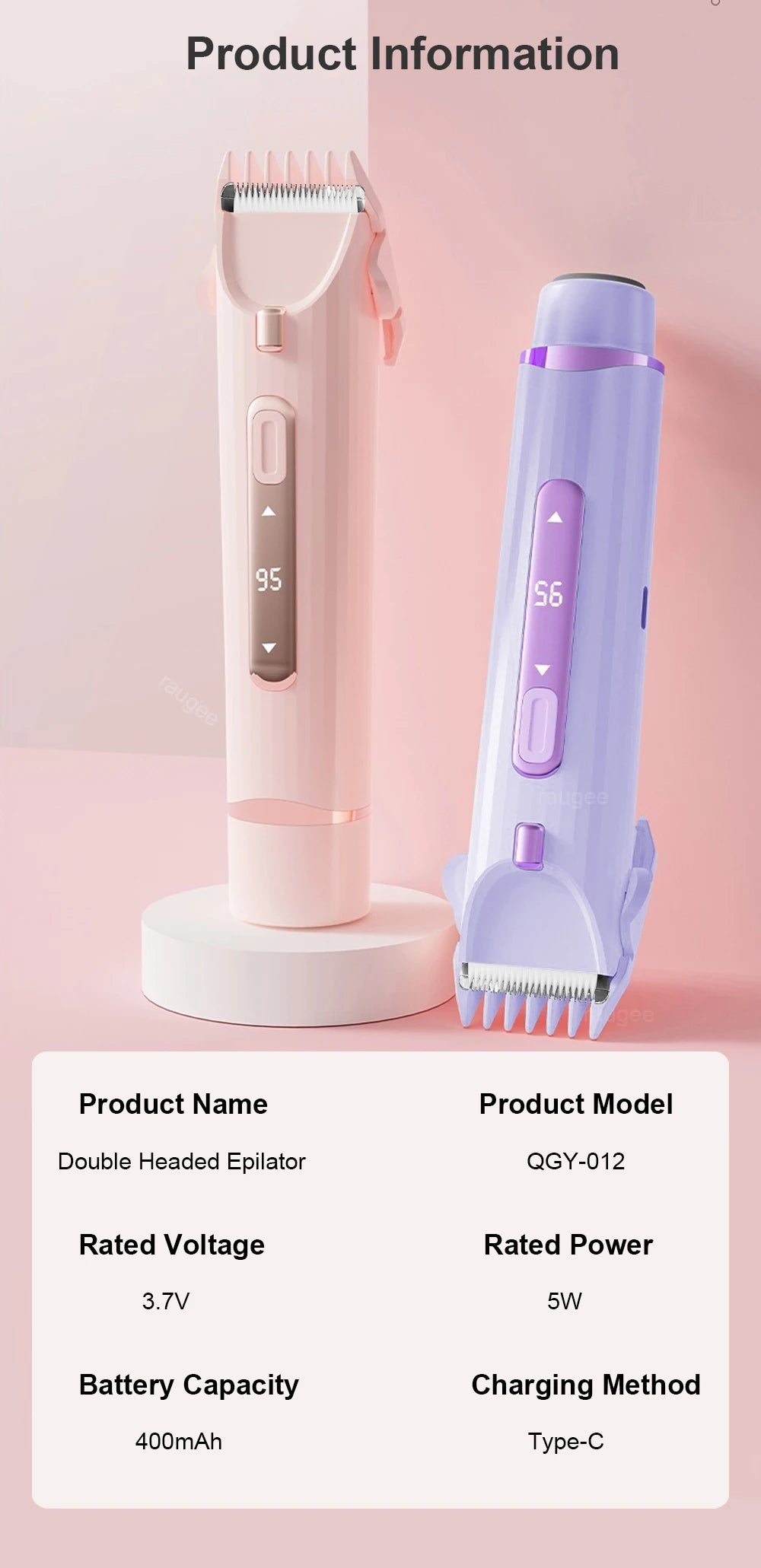Electric Hair Shaver 2 in 1 Dual-Head Women Razor Body Bikini Hair Remover USB Rechargeable Painless Legs Underarm Hair Trimmer