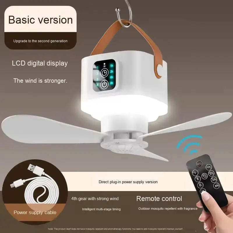 New Portable Rechargeable Ceiling Fan Wireless USB Hanging Fan With Timed remote control for Students Dorm Bed Outdoor Camping