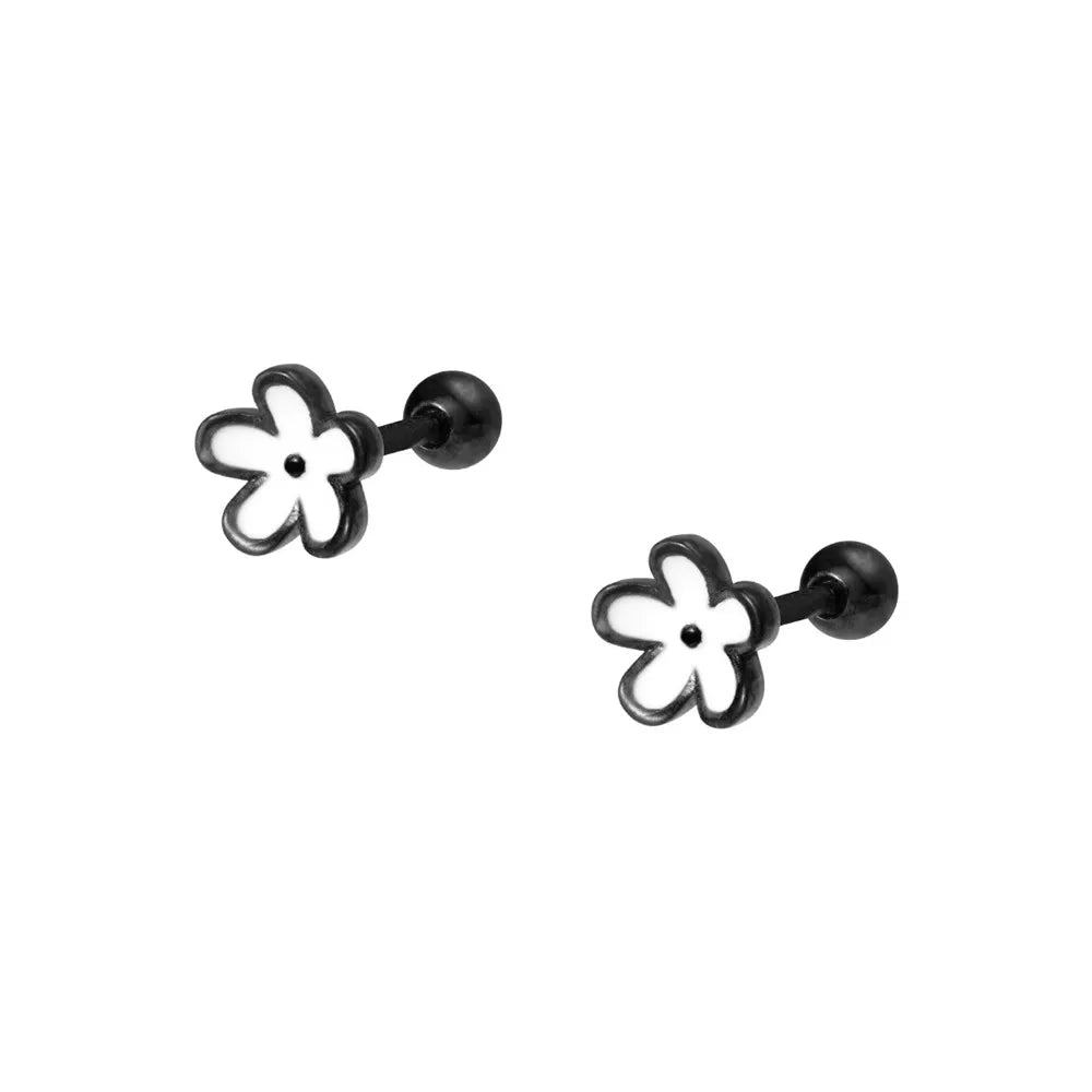 YIZIZAI Womens Earrings Silver 925 Enamel Black Flower  Ear Piercing For Women Screw Silver Stud Earrings