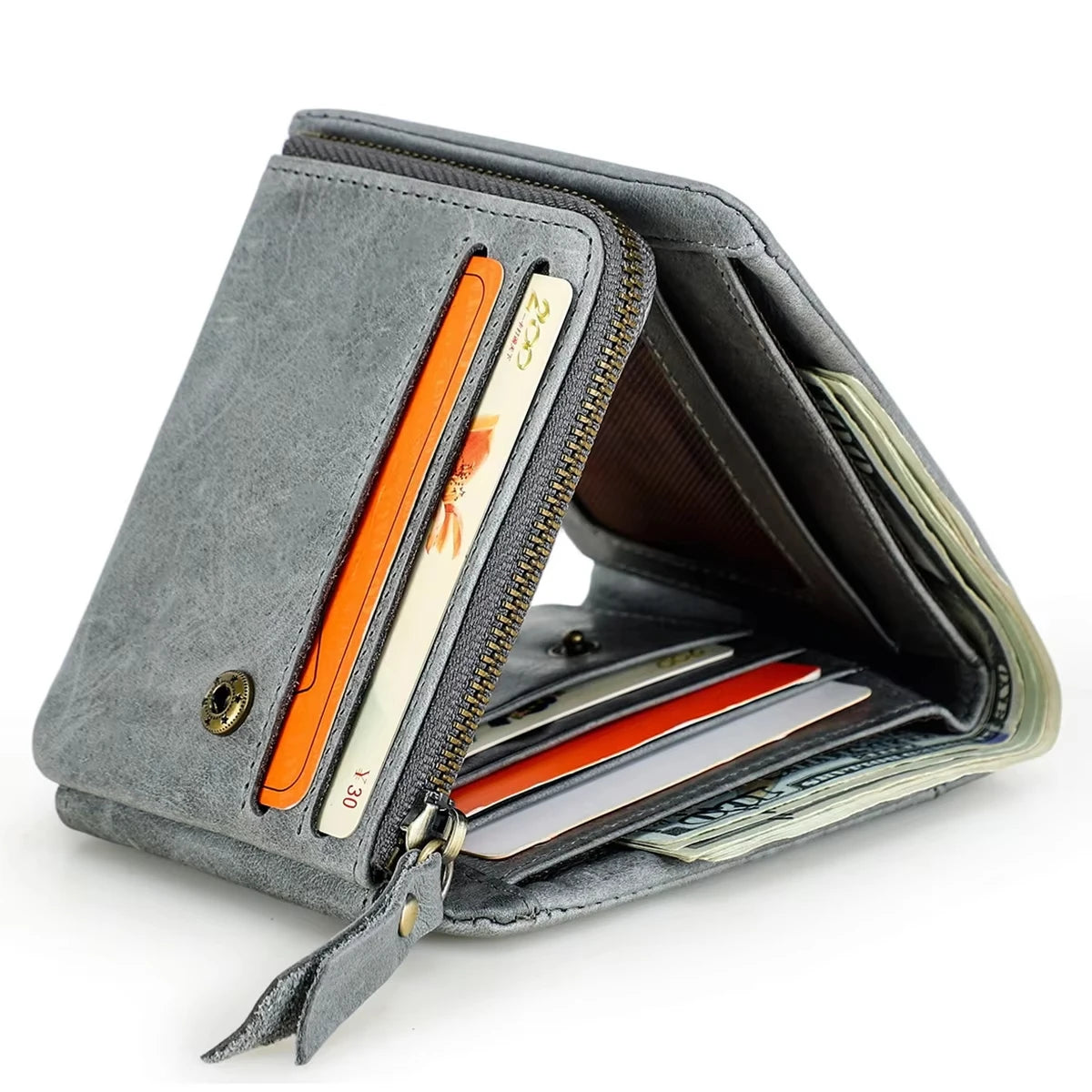 CONTACT'S Genuine Leather Men Wallet Vintage Trifold Hasp Wallet Zipper Coin Purse Card Holder Money Clip Men's Wallets