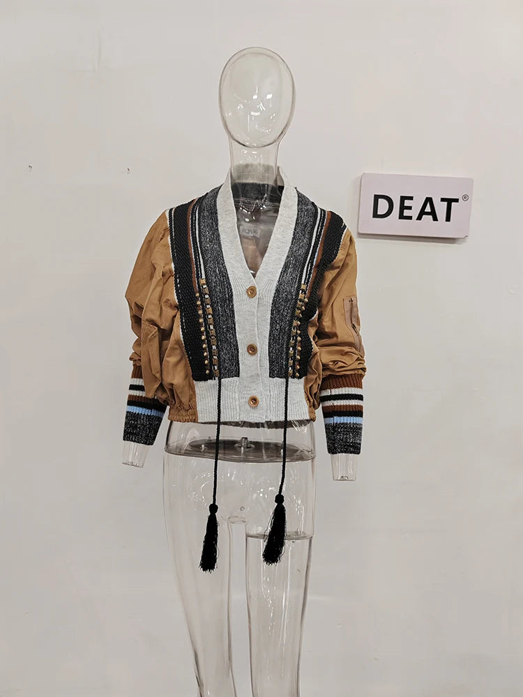 DEAT Fashion Women's Jacket Rivet Patchwork Tassel V-neck Long Sleeve Single Breasted Contrast Color Coat Spring 2025 New CP0361