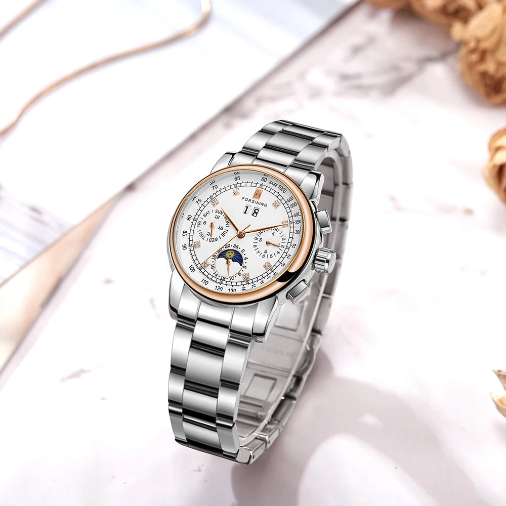 Forsining Fashion Ladies Stainless Steel Case Moon Phase Mechanical Watch Women's Multifunctional Diamond Dial Automatic Clock