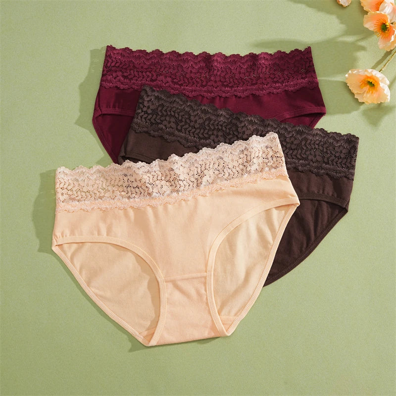 FINETOO 2Pcs Women Cotton Seamless Underwear Sexy Lace Waist Patchwork Panties Female Solid Briefs Plus size Breathable Lingerie