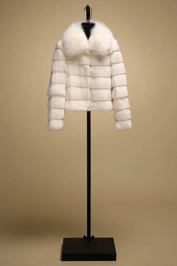 OFTBUY 2024 New Real Rabbit Fur Coat with Fox Fur Collar Women Full Pelt Fox Fur Jacket Winter Rabbit Fur Waistcoat High Street