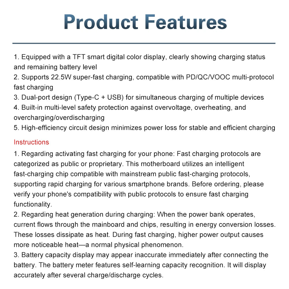22.5W Fast Charging Module with TFT Color Display DIY Power Bank Kit for PD/QC/VOOC Dual Port Portable Charging