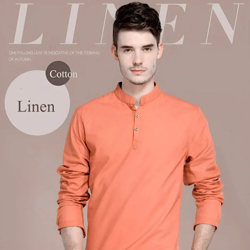 Men’s Solid-color Cotton Linen Shirt Long Sleeve Plus Size Casual