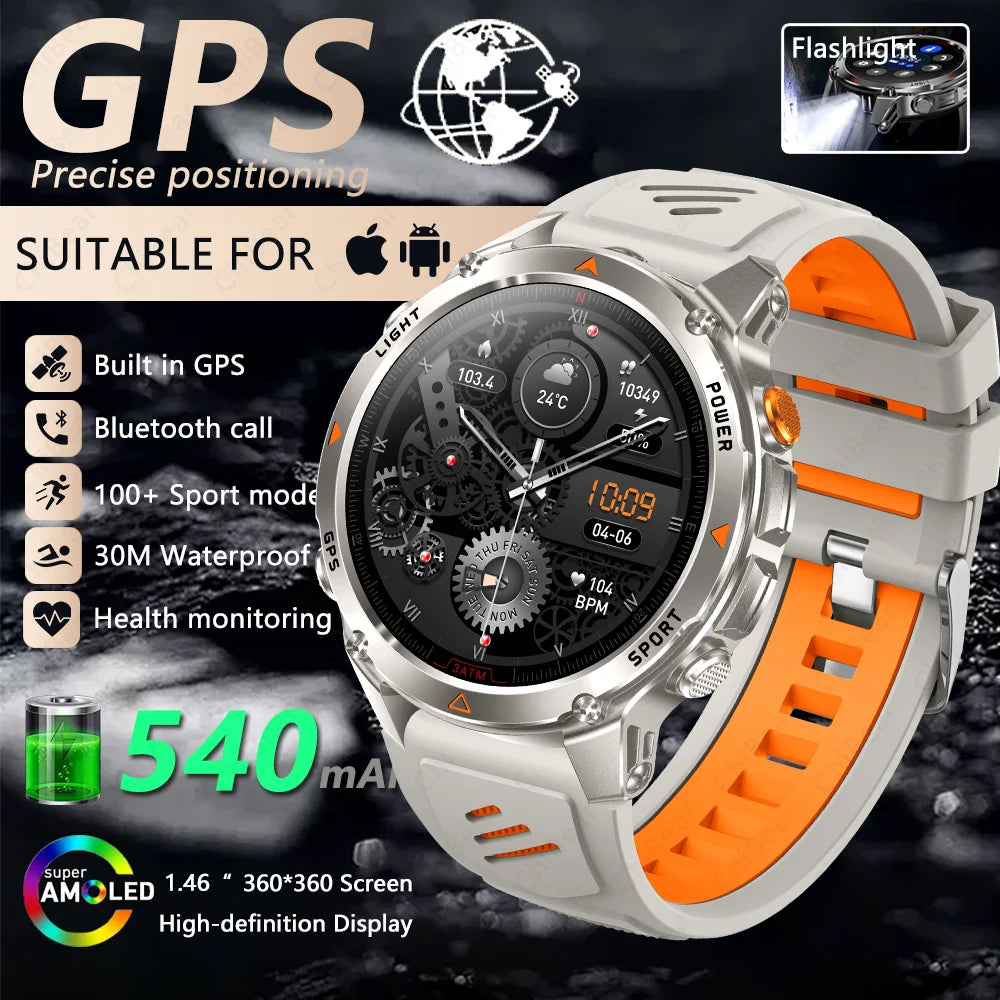 2025 New Outdoor Millitary Smart Watch Men GPS Positioning 540mAh Battery Waterproof Sports Fitness Tracker BT Call Smartwatch