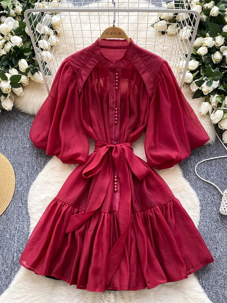 Summer Women's Puff Sleeve Shirt Dress Fashion Beach Vacation Party Birthday Blue White Exquisite Chiffon Mid Length Dress B06