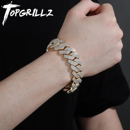 TOPGRILLZ Mens Bracelet 20MM 3 Row Zirconia Prong Link Chain Iced Out Micro Pave CZ Cuban Chain Hip Hop Fashion Jewelry For Gift