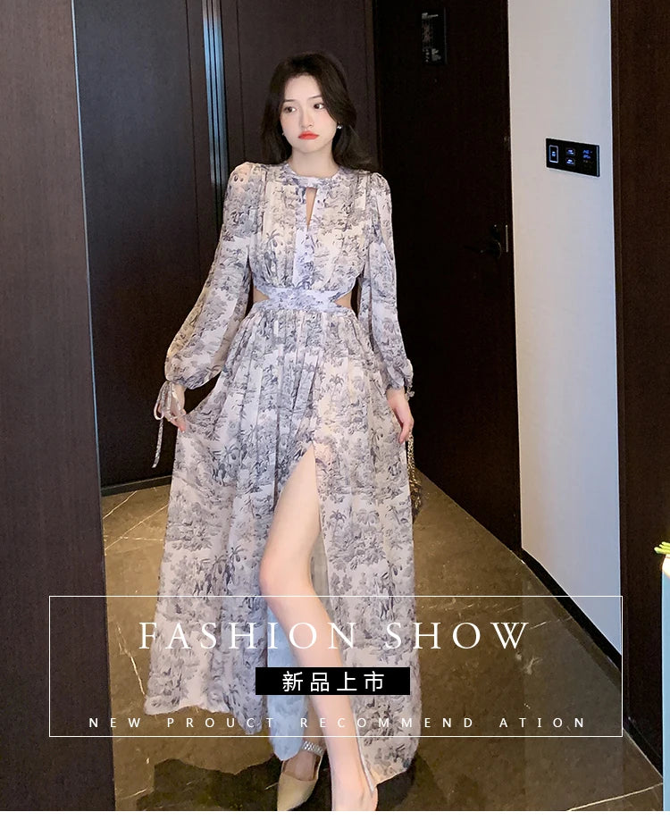 Elegant Boho Vintage Dress 2025 Spring Casual Printed Maxi Vestido Woman Sexy Hollow Waist Chiffon Beach Dress Female Clothing