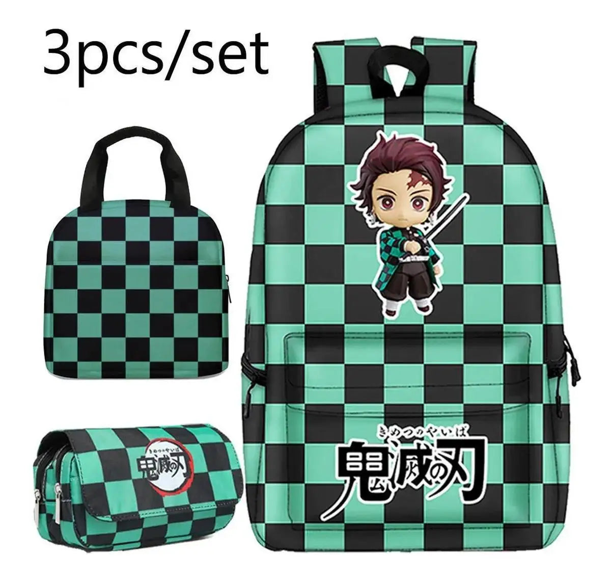 Demon Slayer Backpack Anime Print Large capacity School Bag 3 Piece Set Lunch Bag Pencil Case Tanjirou Nezuko Boy Girl Student