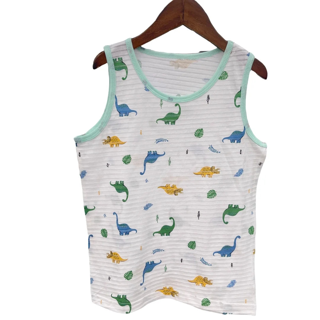 Boy Green Dino Prints Tank Shirt Children Cotton Underwear Kids Undershirts Breathable Tank Tops Size 3-12T Summer Home wear