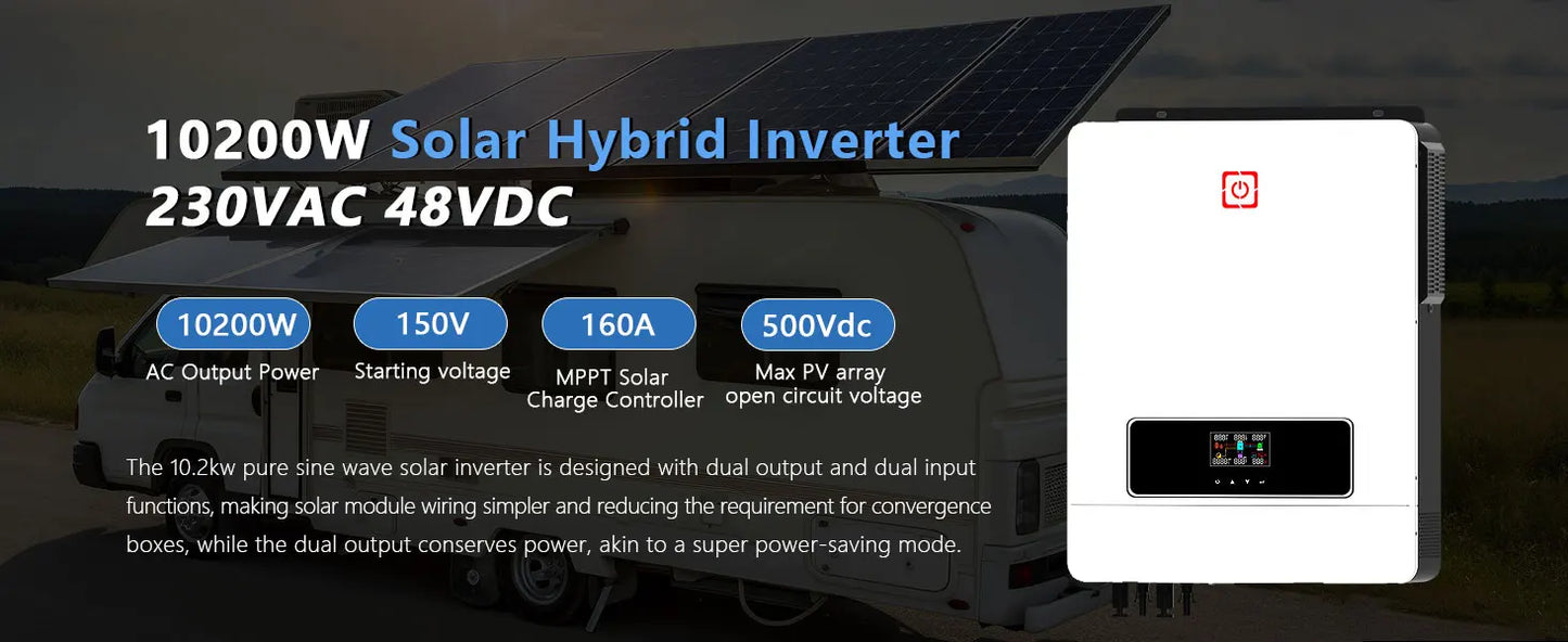 Y&H 10.2KW 2xMPPT Solar Hybrid Inverter 10KW Pure Sine Wave Inverter Built-in 160A Charge Controller Dual PV Input & AC Output
